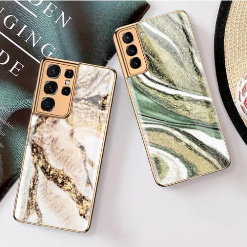 Plating Marble Tempered Glass Case For Samsung Galaxy S21 Plus 5G Case Soft TPU Frame Hard Glass Back Cover For S21 Ultra