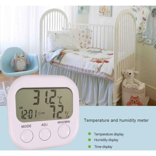 50pcs LCD Digital HOT Hygrometer Meter Gauge White Temperature Humidity With Clock Weather Station