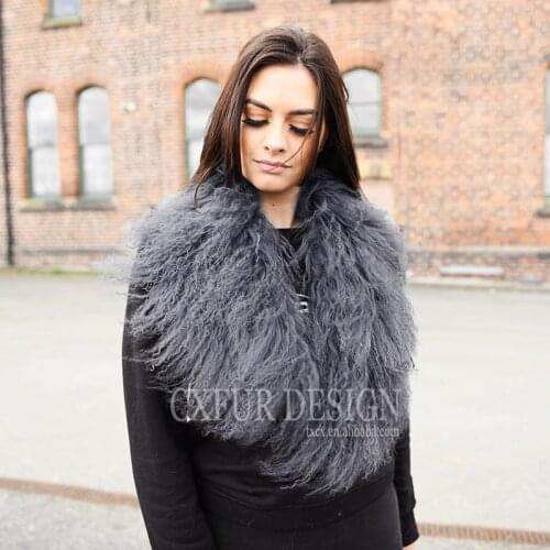 CX-A-52M Real Fur Scarf Detachable Mongolian Lamb Fur Collar Scarf for Women Garments