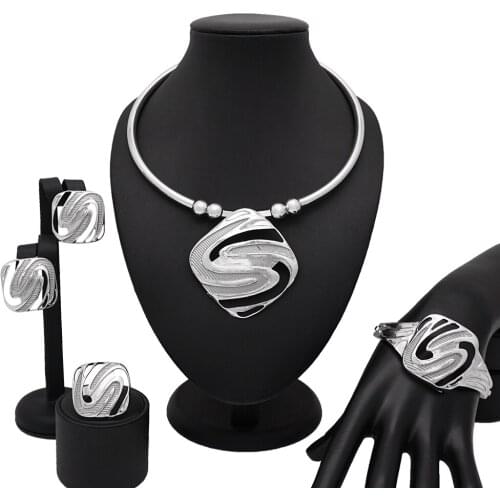 European Creative New Design Silver Necklace Bracelet Ring for Women Christmas New Year Prom Party Fashion Jewelry Sets Gift