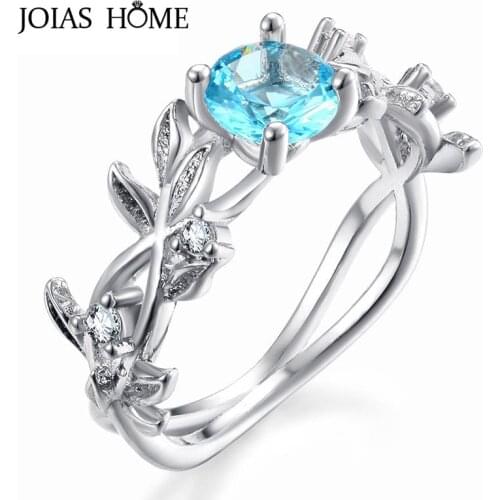 JoiasHome Silver 925 Jewelry Round 6mm Gemstones Aquamarine Ring for Women Birthday gift Branch Plant Size5-10 party finger ring