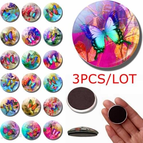 Butterfly Fridge Magnet 3PCS Glass Cabochon Animal Refrigerator Magnets Flower Butterfly Wings Fridge Stickers Home Decoration