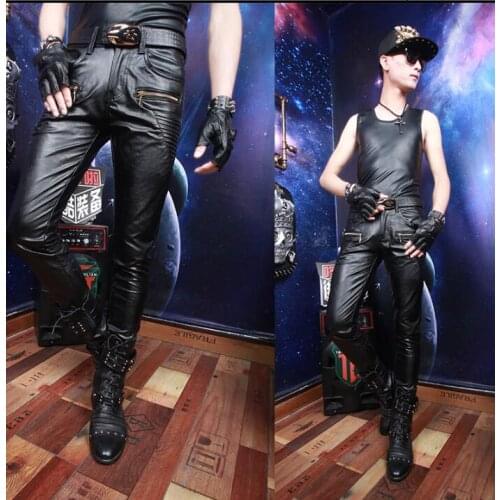 Autumn winter personality fashion motorcycle faux leather pants mens feet pants pu tight trousers for men pantalon homme singer