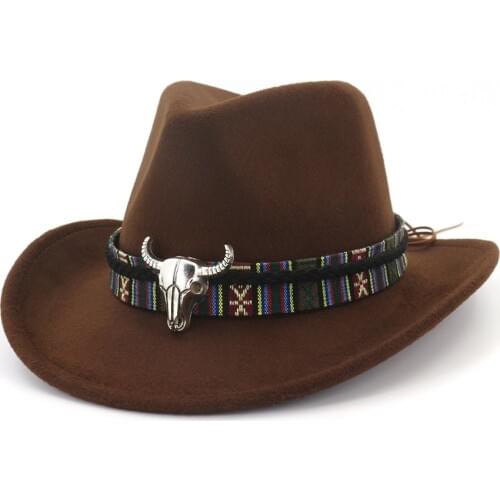Fibonacci West Cowboy Hat Imitation Wool Felt Metal Bull Head Decoration Sombrero Fedora Men Women Hats