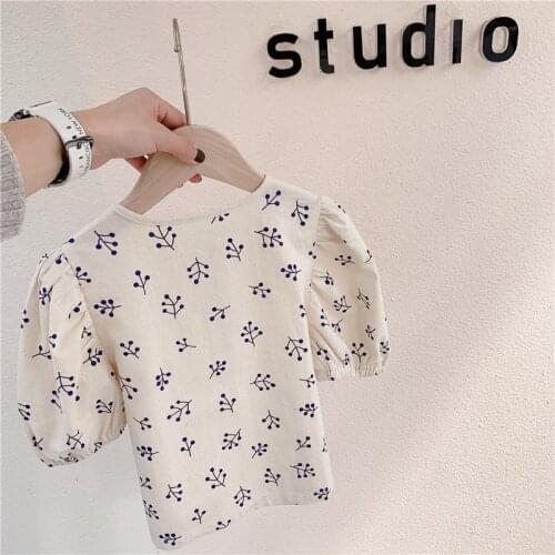 New 2020 Summer Baby Girls Korean Style Printed Blouses Puff Sleeve Kids Tops Cute Toddlers Children Cotton Linen Shirts