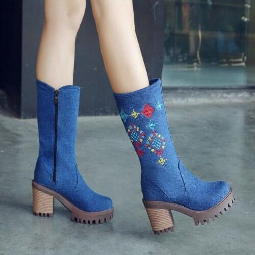 OLOMLB US4-11 Womens Round Toe Denim Jeans Embroidery Mid Calf Boots Oxfords Block Chunky Heel Shoes Side Zip Plus Size 3Colors