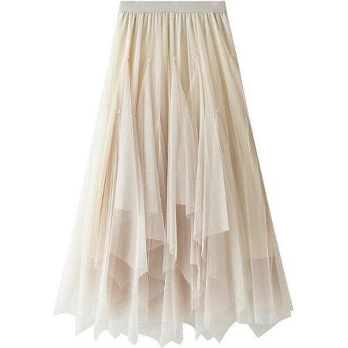 Autumn Winter Irregular Mesh Skirt Women Cake Fluffy Skirt Asymmetrical Mesh Empire High Waist Knee-length England Preppy Skirts