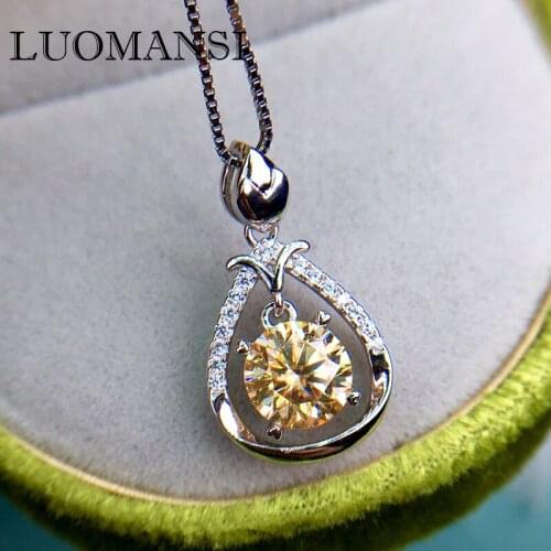 Luomansi 1CT 6.5MM Yellow Moissanite Necklace Passed Diamond Test 100%-S925 Silver Jewelry Party Birthday Gift