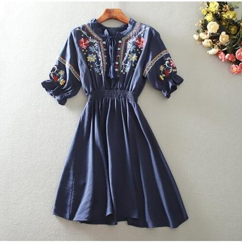 Womens summer vintage embroidery cotton linen dress female high waist print slim chic dress TB1340