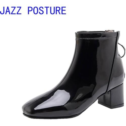 Hot patent leather ankle boots Womens autumn and winter boots High heels with zipper Square head womens shoes Candy color q356