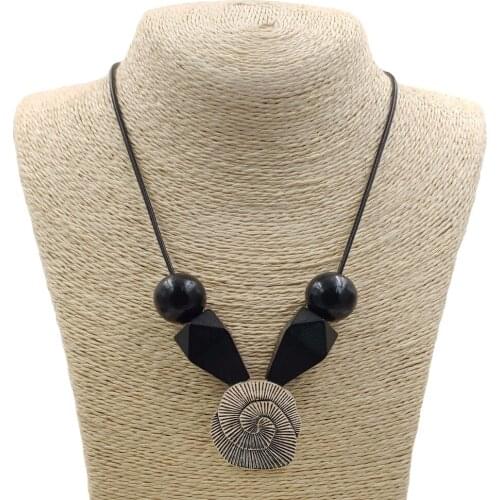 Adjustable Lotus Antique Rereo Silver Color Ethnic Korean Style Long Rope Pendant Necklace Wood Wooden Women Men AQ001