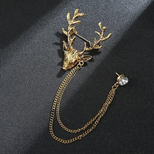 Retro Trendy Chain Brooches Elk Deer Head Brooch Pin Crystal Tassel Pins for Mens Womens Suit Shirt Collars Accessories Gift