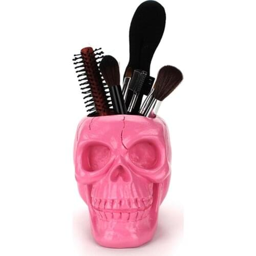 Pink Black Makeup Storage Box 3D Skull Head Figurine Skeleton Ornament Stationery Holder Jewelry Container Home Desk Decor