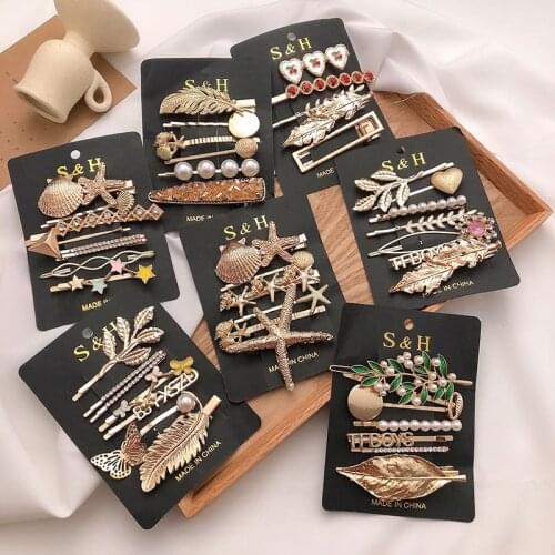 5/6/7/8pc Metal Hair Clips For Girls Pearl Rhainestone Hairpins Bangs Barrettes Headband Hairgrip Fashion Women Hair Accessories