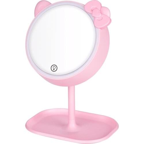 Led Pink Cat Makeup Mirror With Mirrors Standing Mirror Touch Screen Vanity Mirror Adjustable Light Desk Cosmetic Mirror
