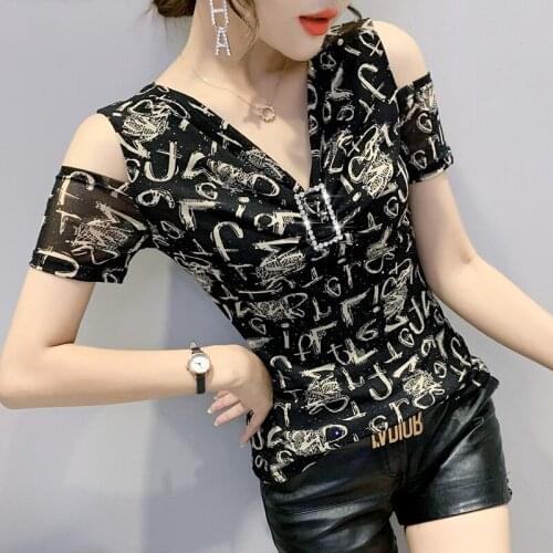 2021 Summer Short Sleeve Womens T-Shirt Sexy V-Neck Off The Shoulder Mesh Tops Diamond Plus Size Print tshirt Blusas