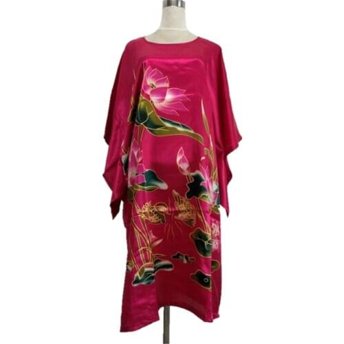 Hot Pink Female Faux Silk Bath Robe Gown Summer Lounge Looose Sleepwear Elegant Nightdress Women Sexy Nightgown One Size
