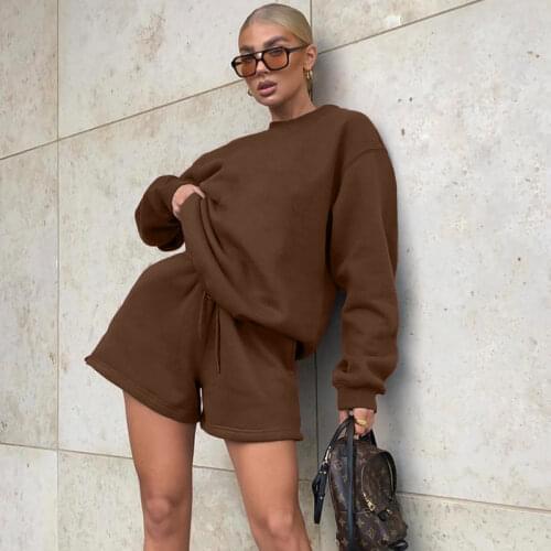 Women Tracksuit 2 Piece Set Casual Sweatshirts Hoodies and Shorts Suits 2021 Autumn Winter Brown Blue Pink Outfits Streetwear