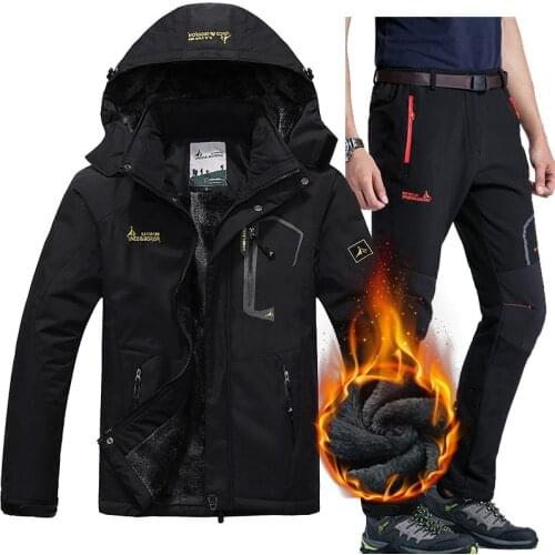 Winter Mens Camping Skiing Jacket Pants Suits Waterproof Fleece Snow Outdoor Hunting Climbing Thermal Sets Sports Coat Trousers