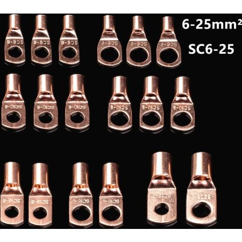 10Pcs SC6-SC25 Tinned Copper Lugs Ring Battery Soldered Terminals Bare Cable Electric Crimp Wire Crimping Connectors Kit
