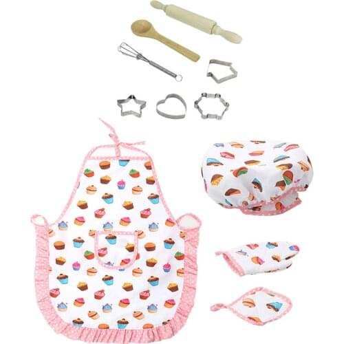 11pcs Chef Set For Kids Kitchen Costume Role Play Kits Baby Girls Apron Hat Friends Game Children