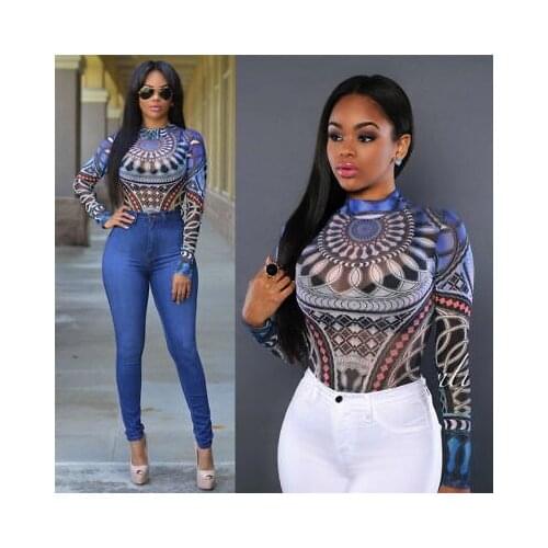 2021 New Sexy Women Tattoo Tribal Print Stretchy Bodysuit See-Through Mesh Sheer Long Sleeve Top Lady Clubwear O Neck Bodycon