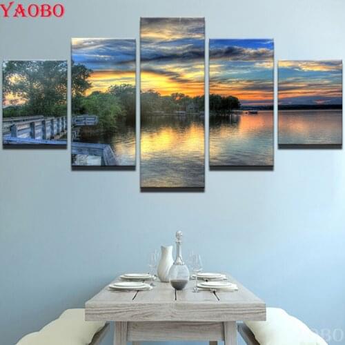 Free Shipping 5 Panels Sunset Lake Landscape diamond painting 3d Drawing diamond Embroidery Wall Art for Living Room Home Decor