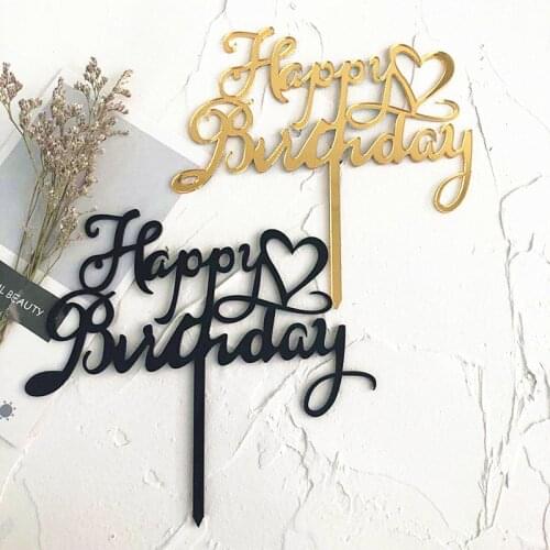 Black Silver Heart Happy Birthday Cake Topper Acrylic Cake Topper For Kid Girl Birthday Party Dessert Cake Decorations New 2021