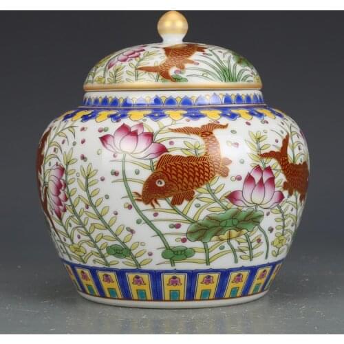 Qianlong Qing Dynasty Year Mark Enamel Fish Algae Covered Can Tea Can Tea Caddy Tea Canister Antique Jar Collection