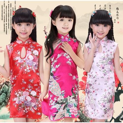 Kids Girls Cheongsams Dress Chinese Traditional Costumes Vintage Vestido Tang Suit Peacock Satin Kimono Split Dresses for Girls