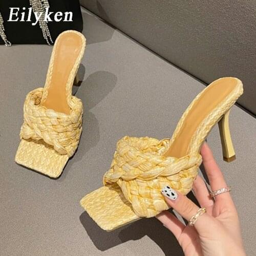 Eilyken New Fashion Handmade Weave Women Slippers Elegant Square Toe Thin High Heels Sandals Summer Runway T-Show Party Shoes