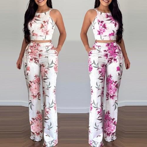 2021 Summer Fashion Floral Print Sleeveless Sexy Skinny Crop Top & Elegant Boho Style Pants Set Casual Womens Two Pieces Suit