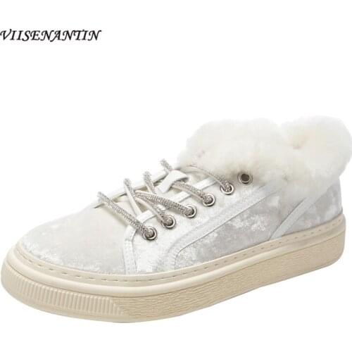 2021 Winter Fashion New Leather Low-cut Warm Single Shoes Lamb Hair Rhinestone Cross-lace Round Toe Platform Casual Sneakers