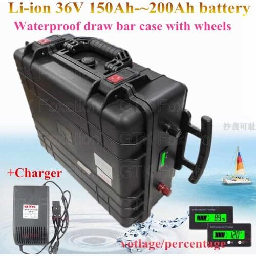 Lithium Ion 36v 200AH 180Ah 160Ah 150Ah li-ion battery solar accu akku BMS System RV EV inverter waterproof case + 20A charger