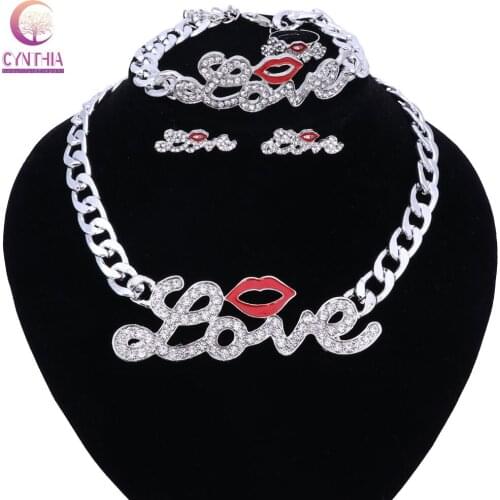 Fashion Initial Letter love Bling Crystal Pendants Party Gift Necklace Bracelet Earring Ring silver plated jewelry sets