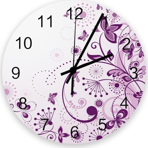 Flowers Butterfly Branches Purple White Wall Clock Wooden Modern Design Digital Clocks Home Living Room Wall Decoration