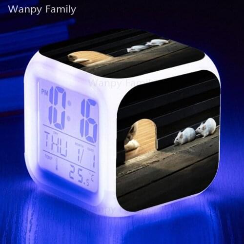 Cute Cat and Mouse Alarm Clock 7 Color Glowing LED Big screen Digital Alarm Clock Kids Birthday Multifunction Electronic Clock