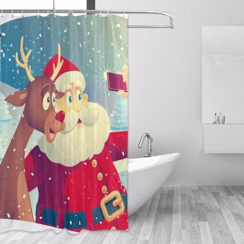 Christmas Fabric Shower Curtains with Hooks Santa Claus Elk Self-timer Waterproof Bathroom Bathtubs Bath Curtain Home Decoration