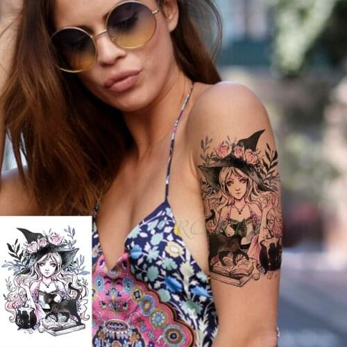 Waterproof Temporary Tattoo Sticker magicians witch girl flower black cat tatto flash tatoo fake tattoos for lady men women