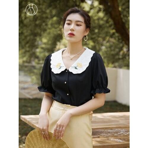 DUSHU Yellow Black Womens French Embroidered Large Lapel Shirt 2021 Summer New Product Retro Embroidered Tops