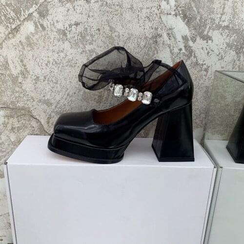 2021 New Spring Women Pumps Square Toe Women Shoes Rhinestones Shoes Woman Net Yarn Decor Pumps Women Fashion Genuine Leather