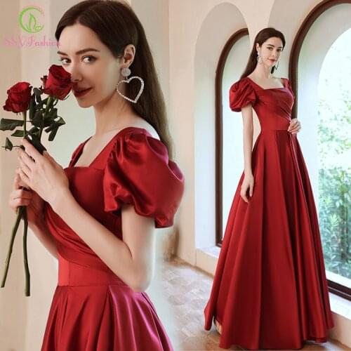 SSYFashion New Red Satin Evening Dress Princess Short Puff Sleeve A-line Simple Elegant Formal Party Gowns Vestidos De Fiesta