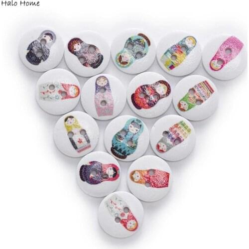 50pcs 15mm 2color Matryoshka Printing Round Wood buttons Sewing Scrapbook Clothing Gifts Crafts Handwork Accessories
