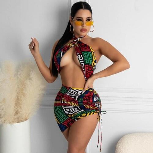 Bohemian Beach&Pool Party Swimsuit New Style Occident Womens Sexy Split Strap Swimsets 4 Pieces Sets With Headdress LS64276028