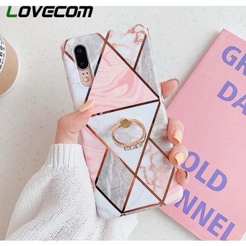LOVECOM Plating Geometric Marble Phone Case For Huawei P40 Pro P30 P20 Mate 30 20 Lite With Finger Ring Soft IMD Back Cover Gift