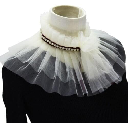 Women Women Double Layer Mesh High Neck Wedding Shawl Bolero Ruffles Pleated Fake Collar Faux Pearl Decor Knotted Bridal Shrug