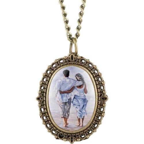 Exquisite Ellipse Women Pocket Watch Lovers Back Figure Pattern Quartz Pocket Watch Analog Pendant Elegant Tone Pocket W