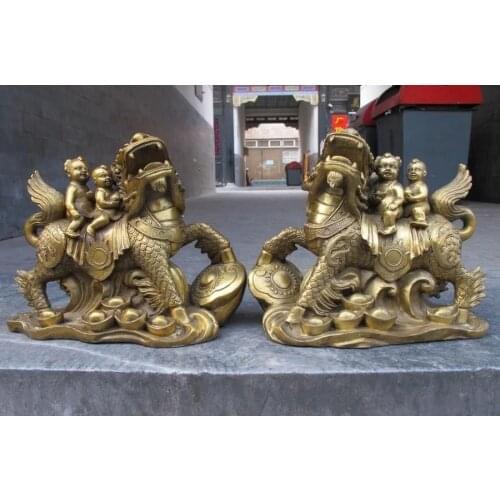 Chinese Pure Brass Lucky Wealth Boys and girls Ride Fu Foo Dog Lion kylin Pair