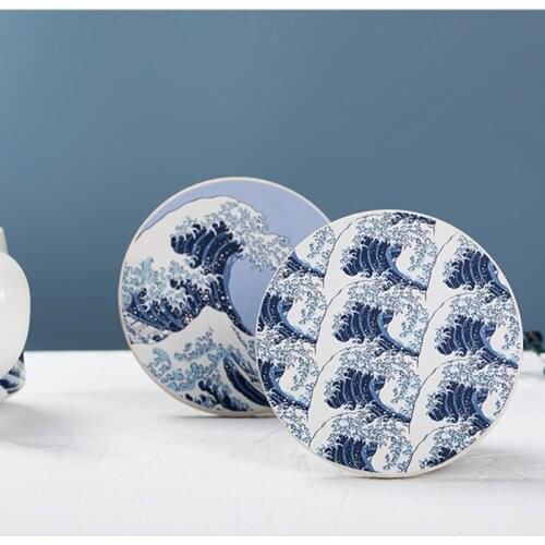 2pcs Ceramic Round Drink Coasters Japan Ukiyoe The Great Wave Prints Heat Insulation Mats Bowls/Pot Holder Creative Placemats