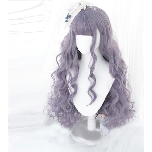 CosplayMix 72CM Long Curly Gray Mixed Purple Ombre Bangs Cute Party Synthetic Hair Cosplay Wig For Women +Cap